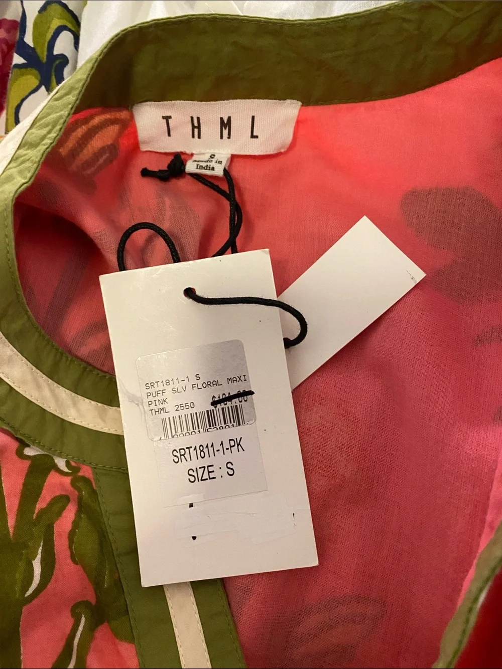 THML Pink Floral Maxi Dress with Olive Trim - Picture 11 of 13